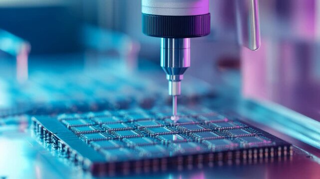 Automated soldering robot placing microchip onto PCB, surface mount technology, electronics manufacturing, assembly, precision engineering.