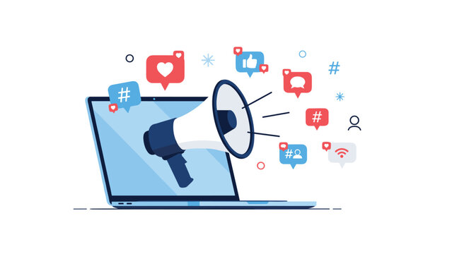 Digital marketing and social media promotion concept with a megaphone emerging from a laptop screen.