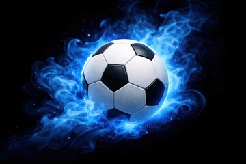 Naklejka premium Soccer ball soccer ball surrounded by blue fire flames dark background sports game action energy
