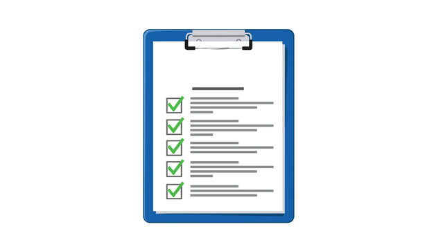 Blue clipboard holds long list of completed tasks with green checkmarks representing efficient workflow and project milestones.