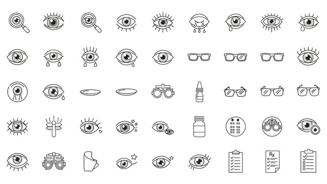 Set of optometry and eye care icons including glasses contact lenses magnifying glass and medical equipment for vision health.