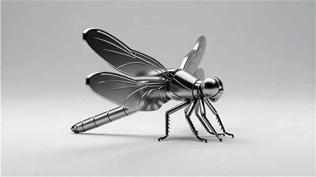 Close-up view of a detailed metallic dragonfly model with intricate wing designs against a smooth, light background