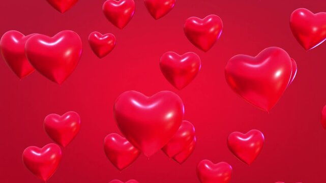 Heart Shaped Balloons Flying on Red Background, Romantic Love Animation
