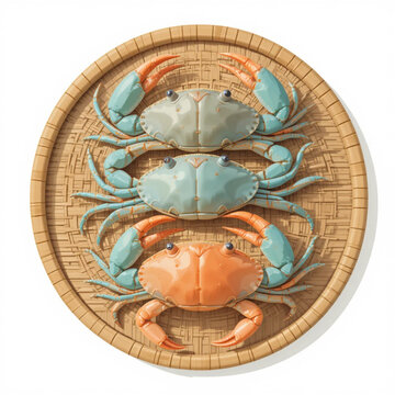 illustration of three blue swimming crabs (rajungan) arranged neatly on a woven bamboo 