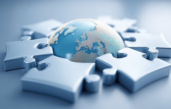 Puzzle pieces connecting to form a globe symbolizing globalization and interconnectedness among nations