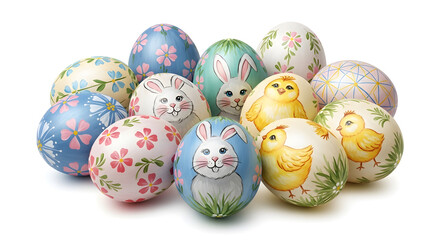 Colorful Easter Eggs in Wicker Basket isolated on transparent background