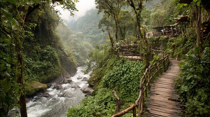 Wooden bridge over rainforest stream leading to ancient ruins, lush jungle trees, cascading water and moss covered path creating a serene yet adventurous forest landscape full of mystery  exploration