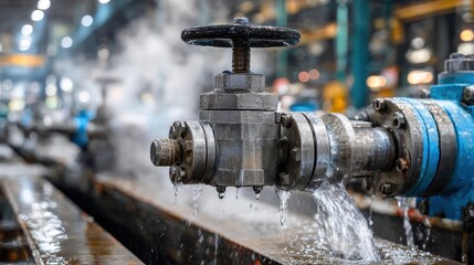 Close-up of a leaking industrial valve with steam and water, factory setting