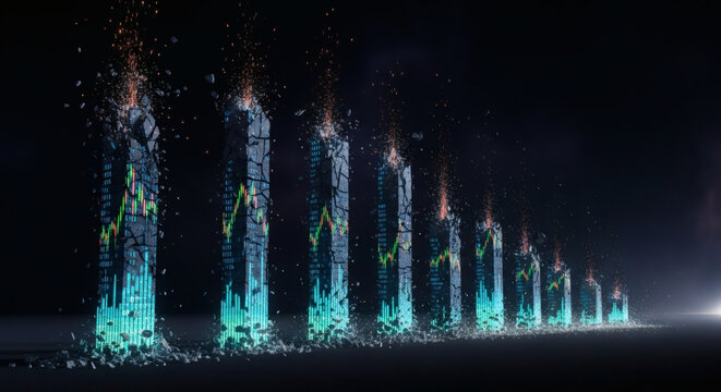 Futuristic financial stock market graph showing glowing bar charts breaking with sparks on dark background