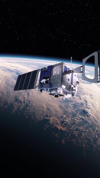 3D animation of a communication satellite observing Earth&rsquo;s surface in orbit, featuring detailed solar panels, antenna systems and realistic atmosphere and cloud formations.
