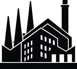 Fototapeta premium Black silhouette of a factory with multiple smokestacks and windows on a white background