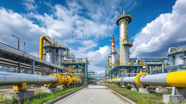 Industrial facility with pipelines under a bright blue sky and scattered clouds near a processing plant