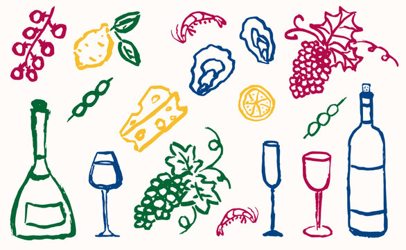 Wine glass, bottle, grape, olive, cheese, tomato, lemon, oyster. Hand drawn blue, green, pink italian food set. Wine vector sketch set. Dolce vita aesthetics. Perfect for print, design menu, sticker.