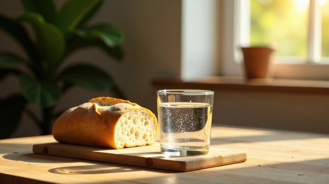 A simple still life of a loaf of bread and a glass of water bathed in sunlight on a wooden table