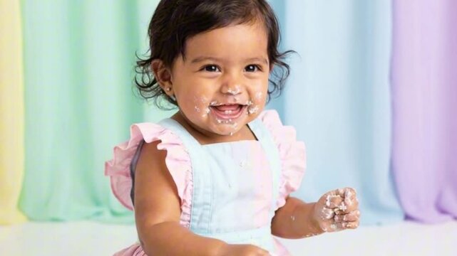 Young girl with dark hair enjoys a birthday celebration, sitting next to a colorful cake on a white tray with a pastel-colored background