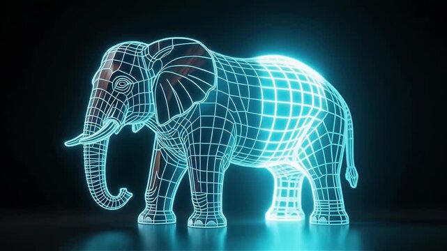 A futuristic, holographic elephant displayed in neon blue light against a dark background, emphasizing its geometric structure