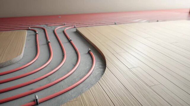 Generative heating system installation showcasing red pipes and wooden flooring in modern building environment