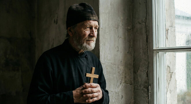 Pensive priest with gray beard holding small wooden cross looking out of window in dark rustic room.