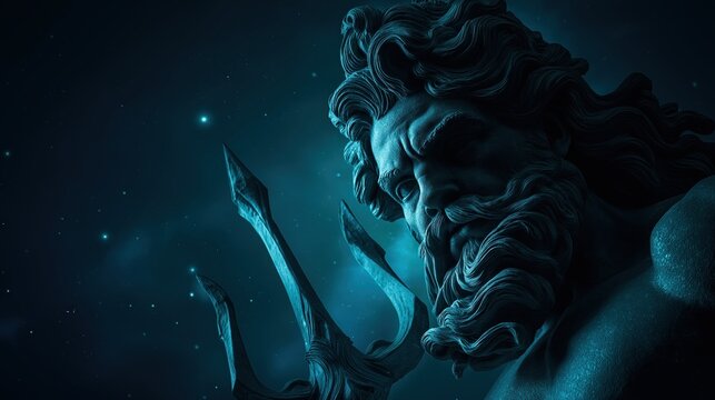 Majestic Poseidon with Trident in Night Sky