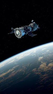 3D animation of a spacecraft deploying solar panels while orbiting Earth. The satellite floats in space above the planet, representing space technology, energy generation, and orbital exploration.