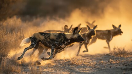 Obraz premium Wild dogs run through the dusty landscape during the golden hour in a nature reserve