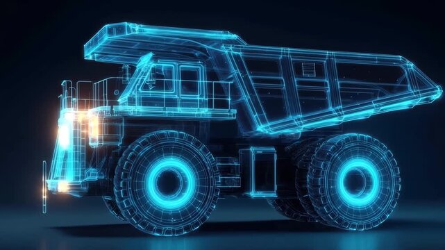 Digital rendering of a futuristic dump truck in a high-tech design against a dark background