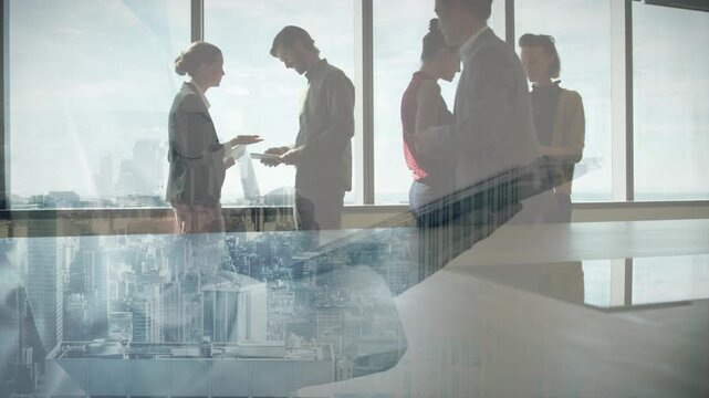 Biz team sharing info, tapping pads, fifth person joining group, skyline overlaying lower frame