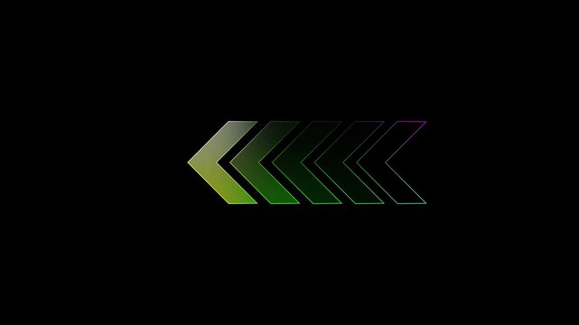 A sequence of chevron arrows in gradient green and purple colors pointing left on a black background