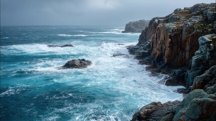 Waves crash against rocky shore under cloudy sky during overcast day at coastal area