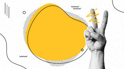 Naklejka premium Halftone collage with human hands and blank speech bubble. Peace gesture at speech bubble. Pop art halftone style for quotes, messages, announcements, news and social media. Vector