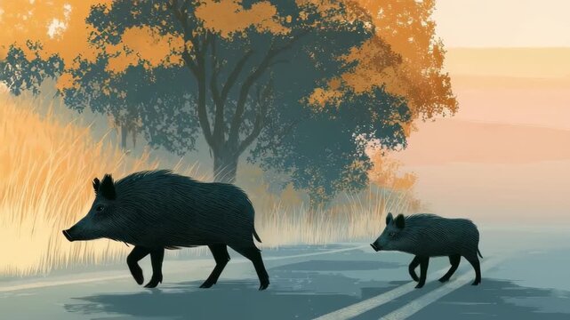 Wild boars crossing a peaceful road during sunrise, surrounded by vibrant autumn foliage