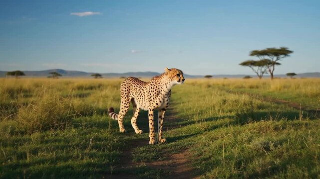 A solitary cheetah standing gracefully on a grassy plain under a clear blue sky, surrounded by sparse trees in the background