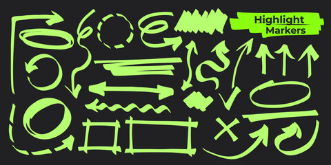 Hand drawn highlight markers doodle set with arrows, lines, underlines and ovals in bright green color on dark background. Vector illustration. © Iana