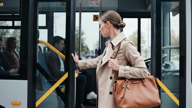 Young woman stepping off a public bus on a city street. Professional commuter exiting public transport. Urban transportation concept.