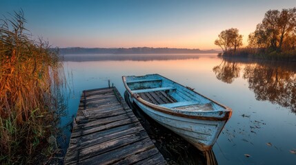 Obraz premium Old wooden boat moored at a rustic pier on a calm lake during a misty sunrise