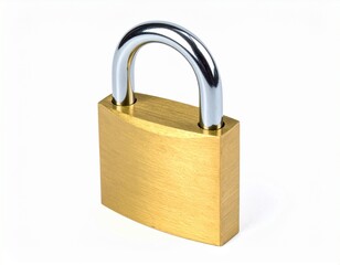 Fototapeta premium Brass Padlock with Silver Shackle on White Background Representing Security Safety and Protection