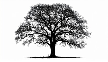 Black Tree Silhouette with Intricate Branches on White Background Representing Nature Solitude and Minimalism