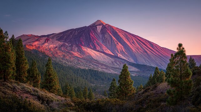 Panoramic view of Mount Teide volcano peak at sunset with lush pine forest, Tenerife, Canary Islands