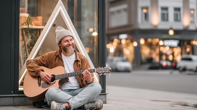 Urban busker strumming acoustic guitar, street performer, sidewalk musician, city ambiance, evening street scene, joyful expression, public entertainment.