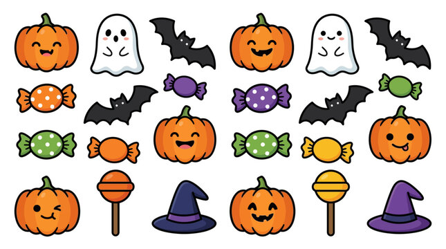 Adorable Kawaii Halloween Seamless Pattern. Cute Cartoon Ghosts, Happy Pumpkins, Bats, Candies, Lollipops, and Witch Hats for Trick or Treat Background.