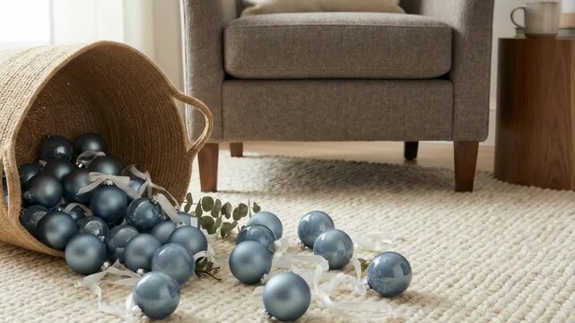 christmas blue ornaments. A woven basket spills festive blue ornaments onto a soft, textured rug in a cozy living space, complimented by a minimalist armchair and natural decor elements