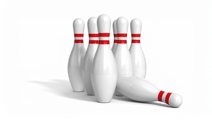 Scattered Bowling Pins on White Background Capturing Motion Energy and Impact in Sports Photography