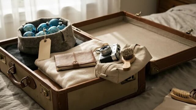 christmas blue ornaments. A vintage suitcase showcases neatly arranged items including a cozy blanket, a camera, a notebook, and decorative blue ornaments, creating a warm, inviting atmosphere