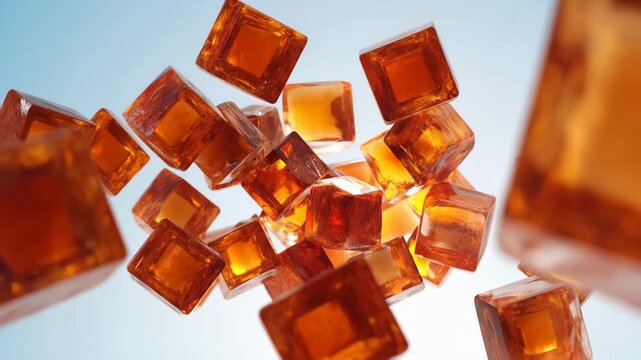 Colorful amber jelly cubes stacked together in bright lighting showcasing texture and clarity