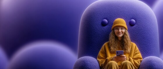 Cozy Woman In Orange Hoodie And Beanie Sits In Large Purple Plush Chair With Smartphone