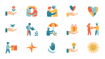 Fototapeta premium Collection of Flat Design Icons Representing Charity, Empathy, and Social Support.