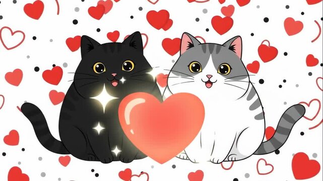 Cartoon illustration of two cats, a black and a gray tabby, sitting together with a large red heart, showcasing love and affection in a playful design with hearts in the background