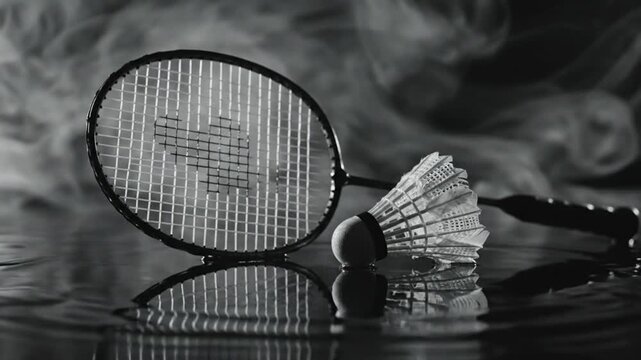 Dramatic slow-motion view of badminton racket and shuttlecock in a black and white studio setting