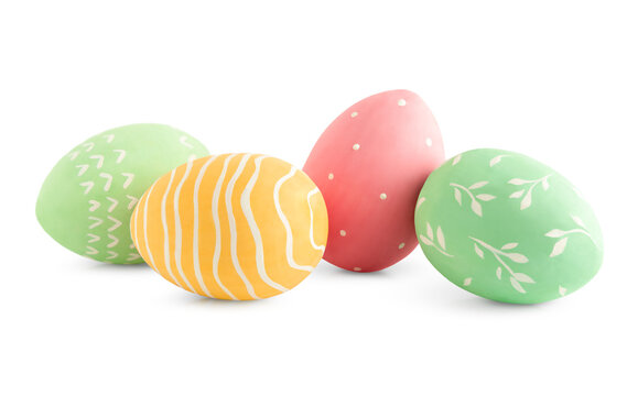 painted multicolored Easter eggs on a white isolated background