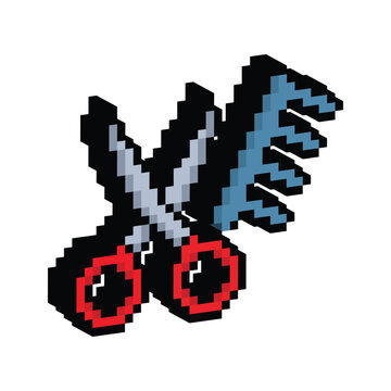 3D isometric pixel art scissors 8 bit vector icon for computer game